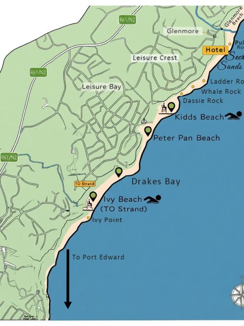 Map of Leisure Bay Conservancy Green Coast beaches from Glenmore to Ivy Point