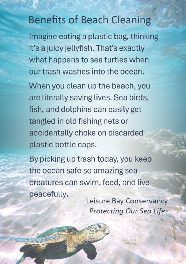 Leisure Bay Conservancy poster: Benefits of Beach Cleaning