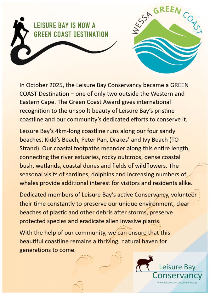 Leisure Bay Conservancy poster: Leisure Bay is now a Green Coast Destination
